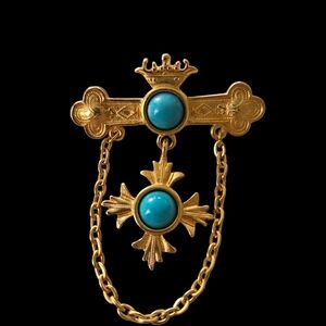 Gold and Blue Brooch with Ornate Chains. (A14)
